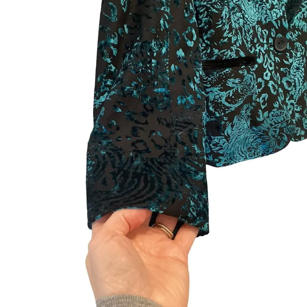 Boston Proper Womens Velvet Burnout‎ Blazer Teal Fairy Grunge Whimsigoth Artsy 0
